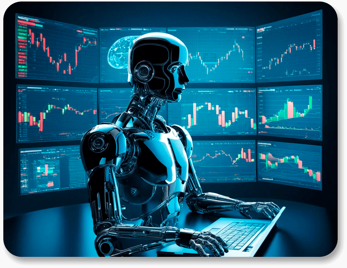 Ilustración de un robot frente a varias pantallas con gráficos de velas